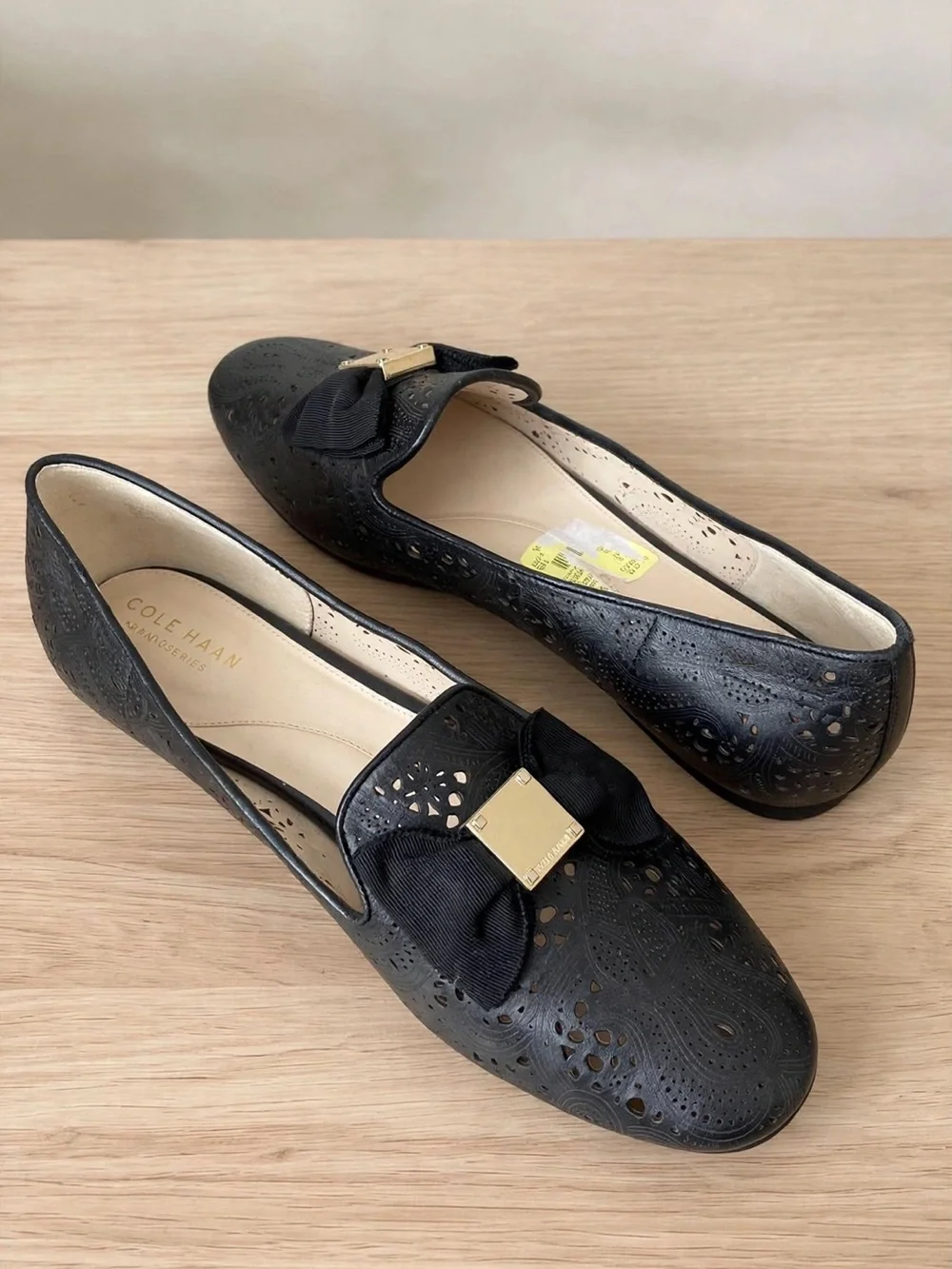 Black Cole Haan Leather Bow Loafers with Gold Accent - Women's Shoes